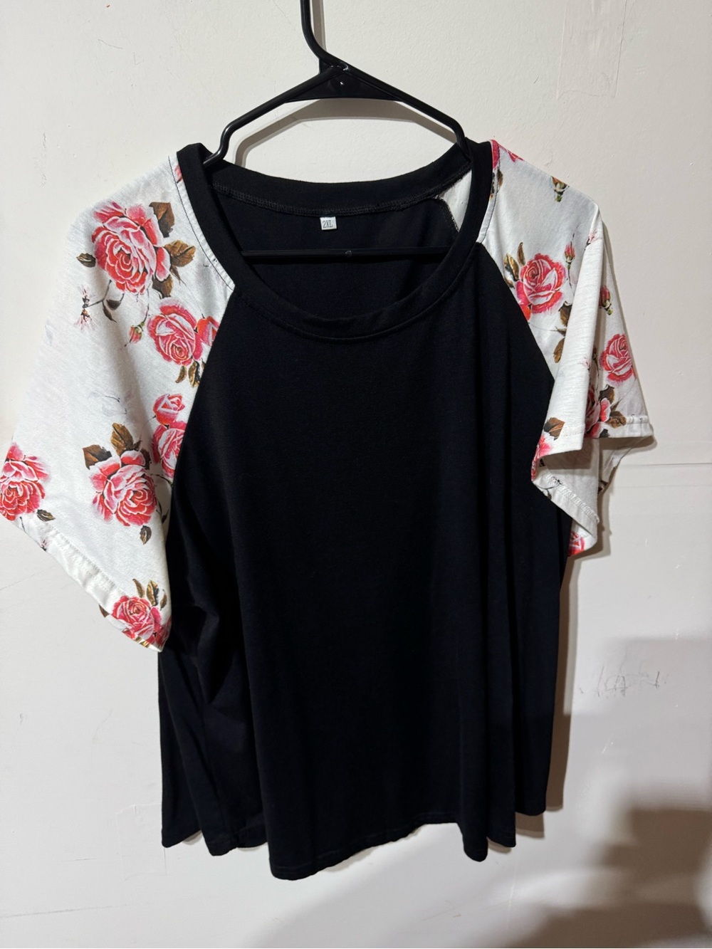 Black Raglan Top with Pink Floral Sleeves